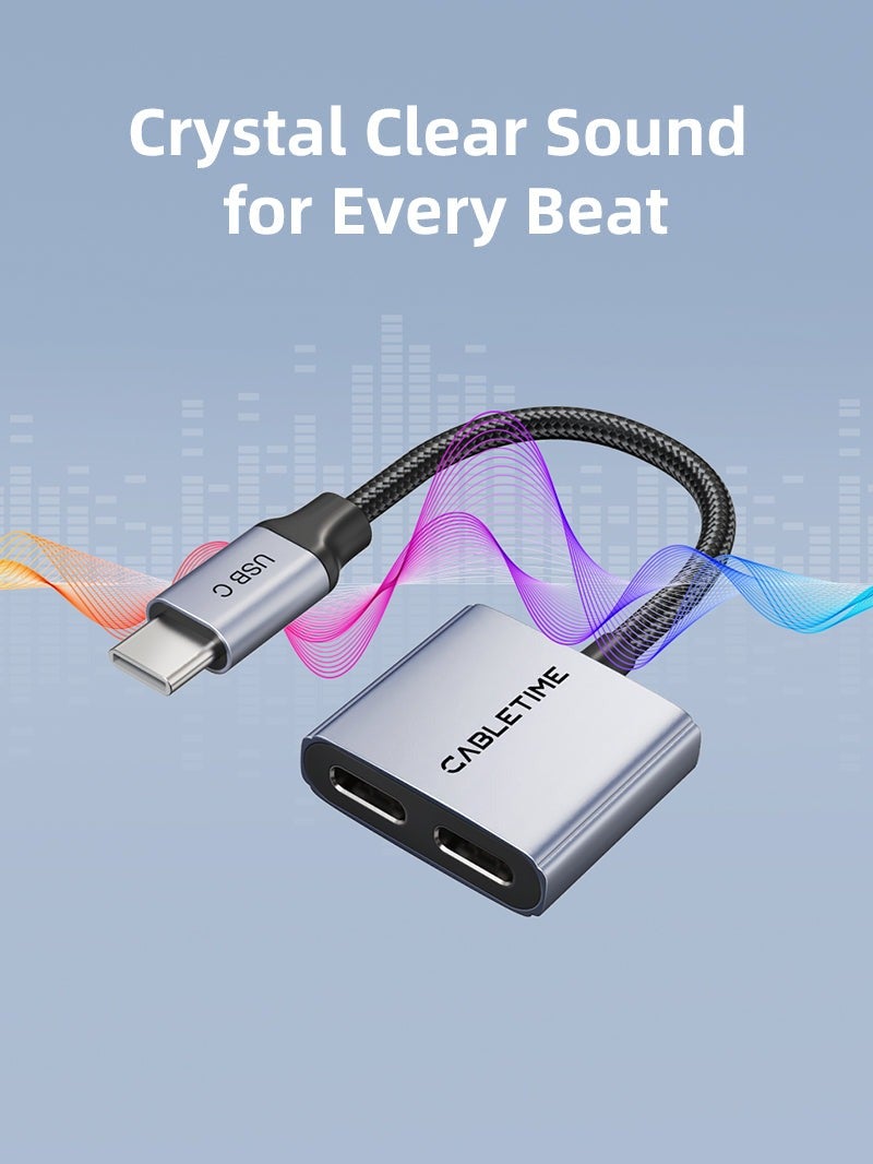 كابل تايم موزع USB-C ثنائي الوظائف، محول USB-C إلى منفذي USB-C لسماعات الرأس والشاحن - Image 4